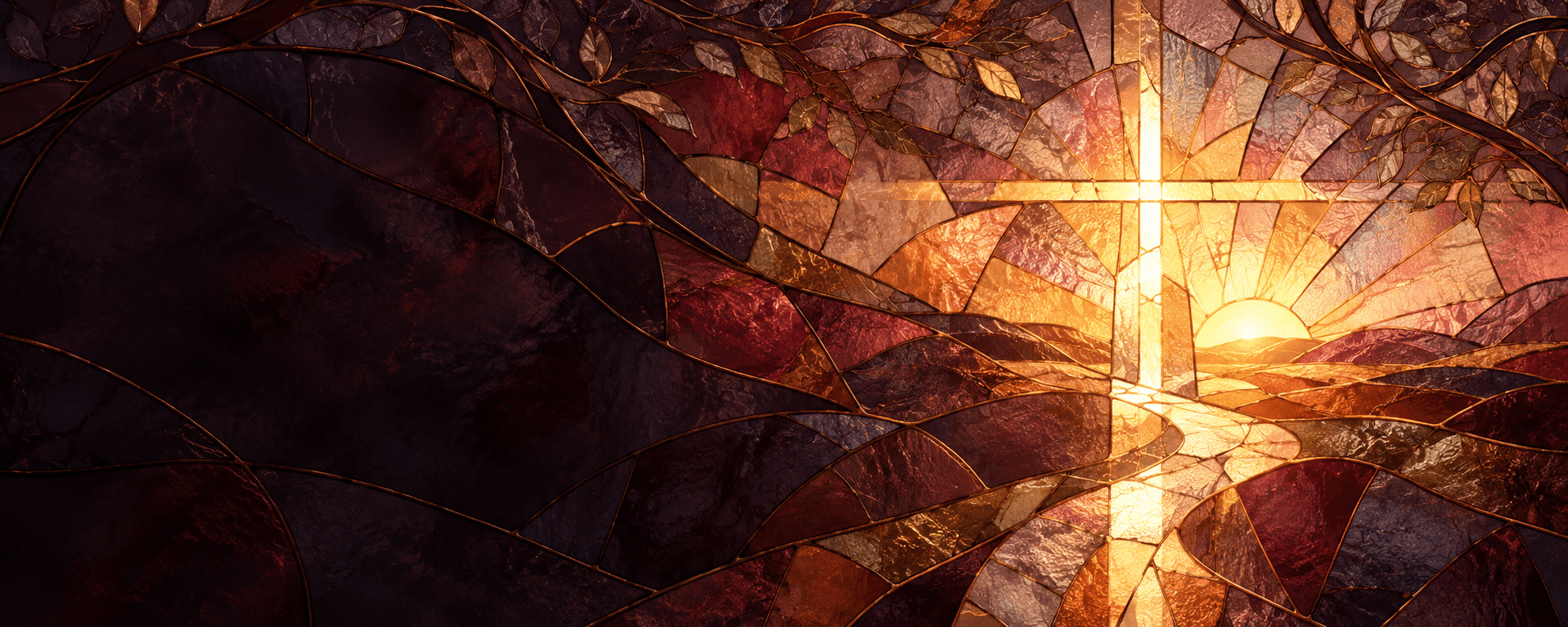 Stained-glass artwork showing broken pieces joined by warm light into a cross and a path toward sunrise